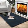 Living room with a fireplace, dark blue rabbit fur carpet, and decorative items.
