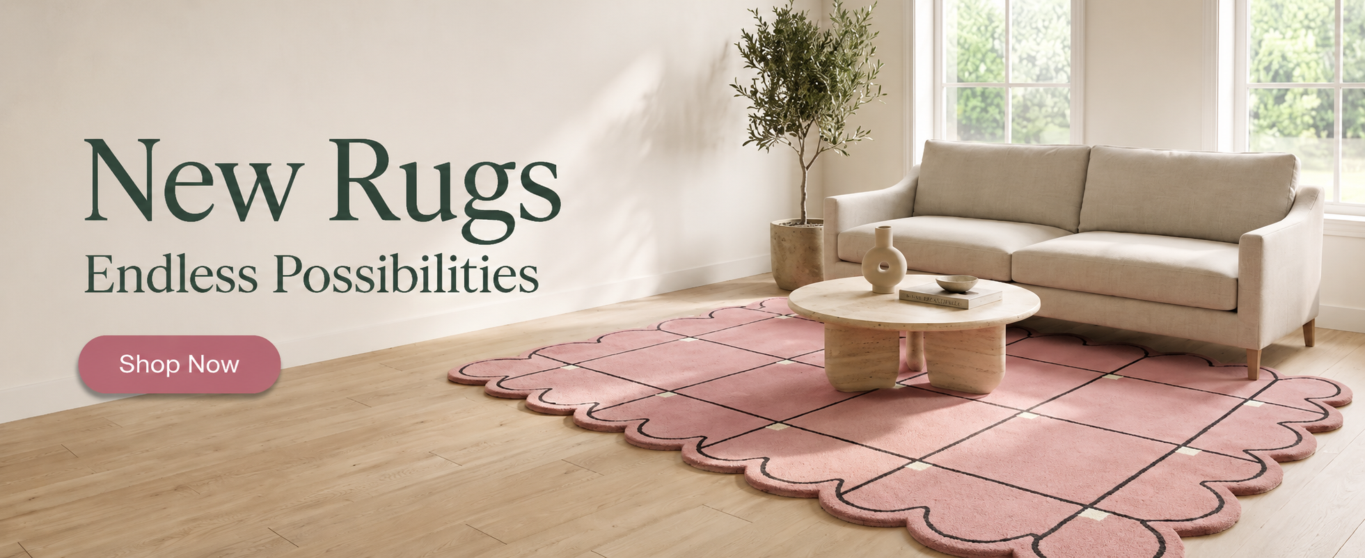 Handcrafted pink scalloped rug in a modern living room with the headline "New Rugs – Endless Possibilities" by RugNoor.