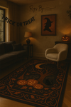 A cozy Halloween-themed living room featuring a hand-tufted rug with jack-o'-lanterns, a bare autumn tree, black cat silhouette, crescent moon, and swirling border of leaves. Perfect for spooky fall decor, this rug adds warmth and charm to any room. RugsByAvnoor