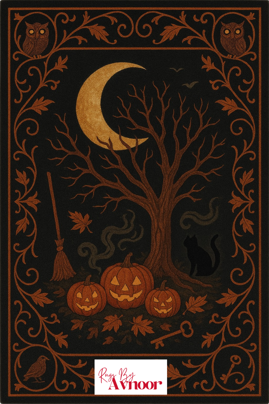 Close-up of the “Whispers Beneath the Moon” rug design, showing a detailed hand-tufted layout with pumpkins, owls, crescent moon, swirling vines, black cat, and key motifs—ideal for cozy Halloween aesthetics and witchy fall decor.
RugsByAvnoor