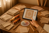 A cozy interior scene with fabric swatches, yarn color samples, and a tablet showing a digital rug mockup on a table — soft natural light, neutral tones with light pink and autumn accents, an artisan or designer hand pointing at the mockup to indicate personalization, elegant and inviting look.