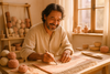 A portrait of an artisan smiling in a bright studio, hands working on a rug with natural fibers, tools and yarns neatly arranged, sunlight highlighting the workspace — authentic, respectful, and uplifting mood showing craftsmanship and human connection — soft color palette with light pink and warm beige tones.