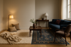 A single, cohesive lifestyle image showing a seamless transition from cozy to elegant: the left side of the room features a soft, plush rug in neutral tones with pillows and a throw blanket, evoking warmth and comfort; the right side gradually shifts into a refined space with a hand-tufted or hand-knotted rug in intricate patterns, styled with elegant furniture and rich colors. Soft natural lighting across the whole scene, high-detail rug textures, premium modern aesthetic, clean and balanced composition.