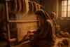 A traditional rug workshop bathed in warm natural light, skilled artisans knotting or weaving by hand on a wooden loom, fine wool threads in earthy tones around them, close-up of intricate weaving showing heritage techniques, timeless atmosphere with soft golden glow, cinematic and detailed.