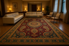 A wide shot of an elegant interior where a custom-designed luxury rug is the focal point, intricate patterns inspired by traditional Indian motifs, paired with contemporary furniture, rich warm lighting, ultra-high detail.