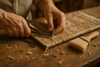 An artisan’s hands carefully trimming and finishing the edges of a luxury rug on a work table — visible small scissors or shears, soft brush smoothing the pile, fine threads and wool pieces on the side — neutral tones with subtle autumn hints, detailed close-up capturing craftsmanship and care, softly blurred background for focus.