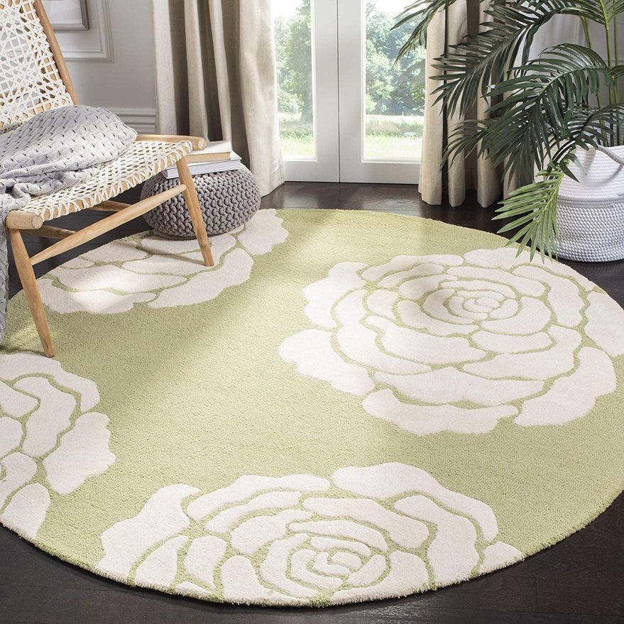 Green & White Round Hand Tufted Carpet