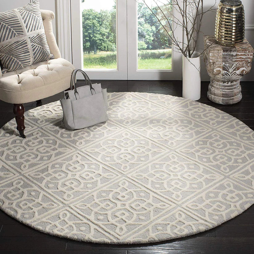 White & grey Round Hand Tufted Carpet