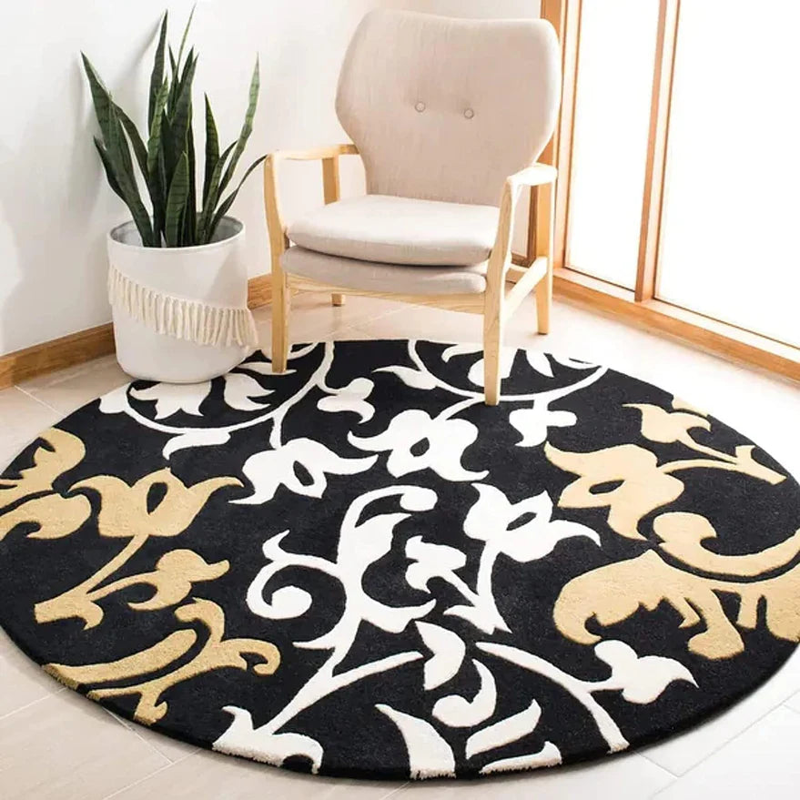 White, Black & Beige Round Hand Tufted Carpet