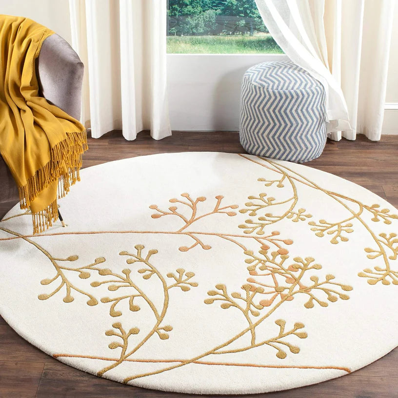 White & Gold Round Hand Tufted Carpet