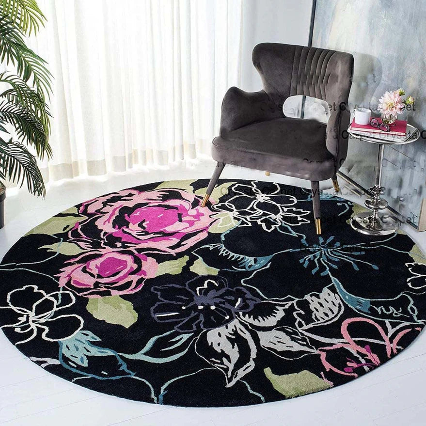 Black & Pink Round Hand Tufted Carpet