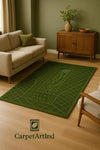 Green patterned rug with 'Central Park' text in a living room setting, featuring a sofa and wooden cabinet.