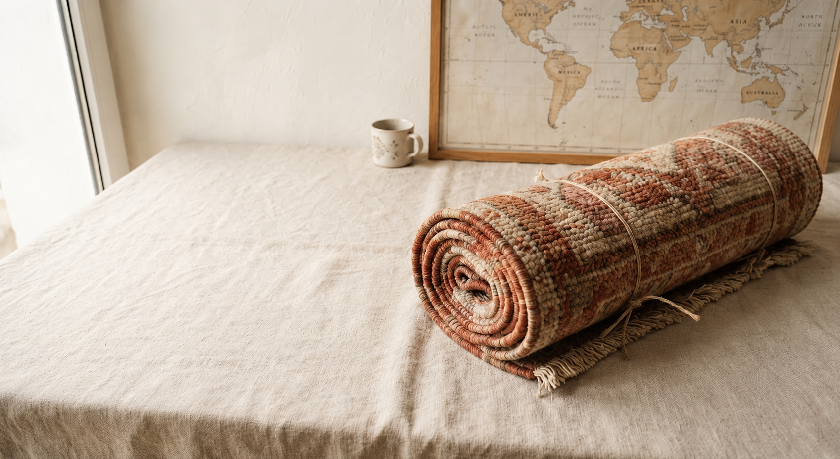 Rolled handwoven wool rug in rust and cream tones on a linen surface with a world map in the background, representing RugNoor's international shipping