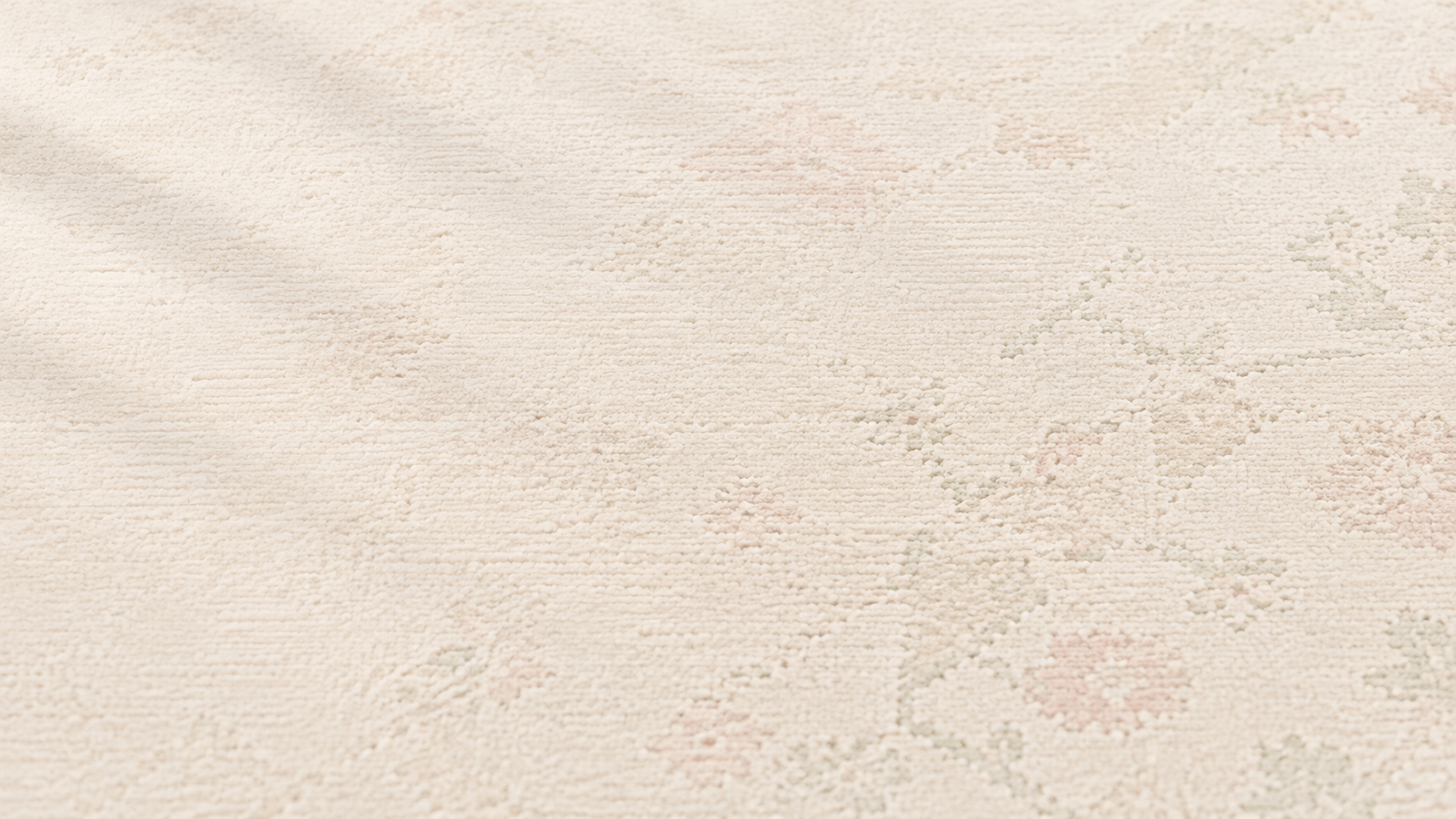 A close-up of a light cream or off-white textured fabric with a subtle, faint floral jacquard pattern in soft pink and muted green.