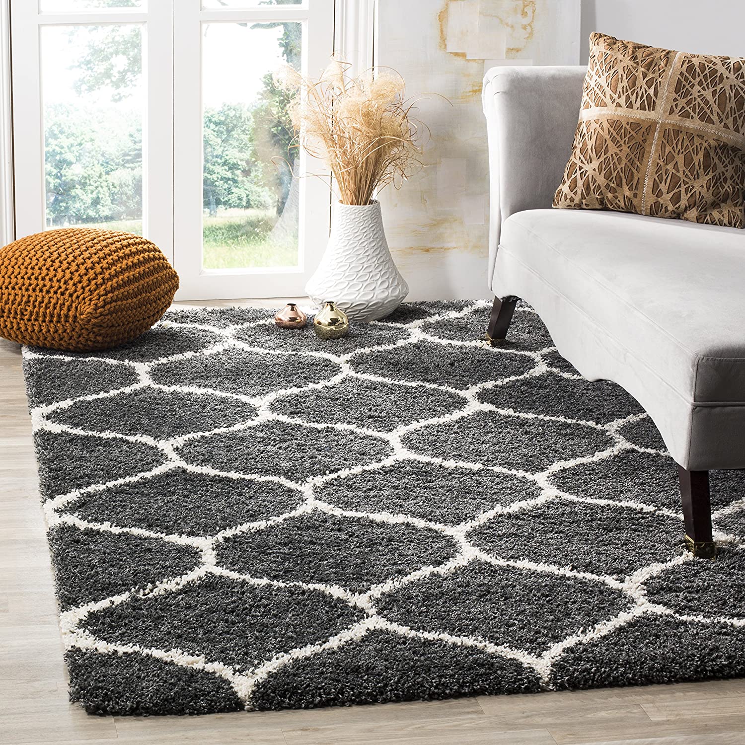 Dark Grey Ivory Ogee Trellis Microfiber Shaggy Rug