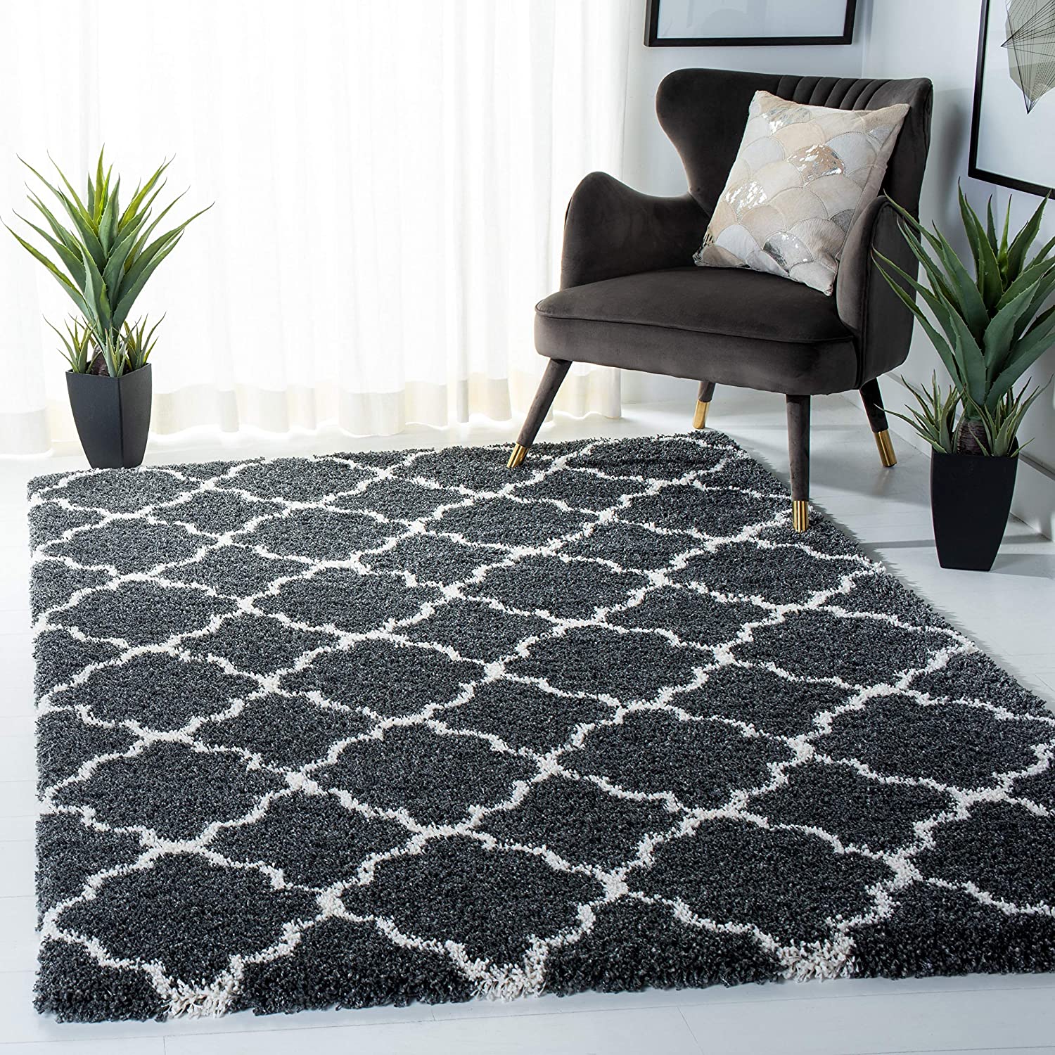 Dark Grey Ivory Moroccan Trellis Microfiber Shaggy Rug