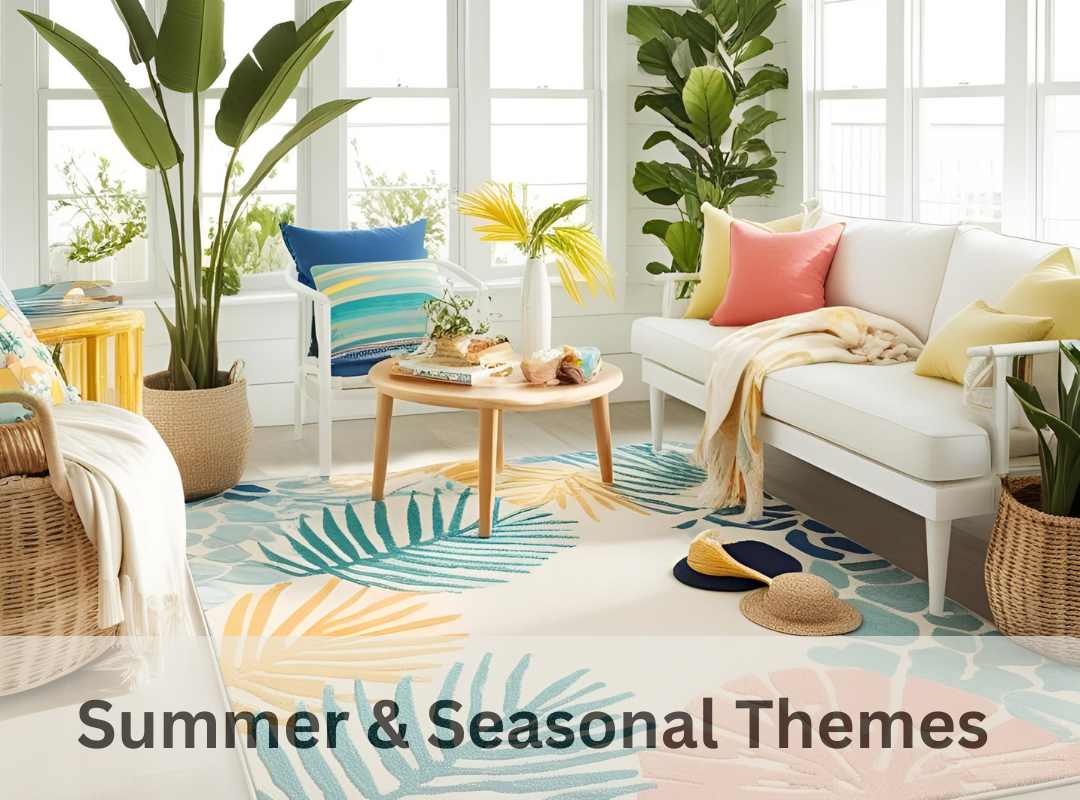 Bright summer-themed custom rug in a sunlit living room with tropical decor and seasonal accents