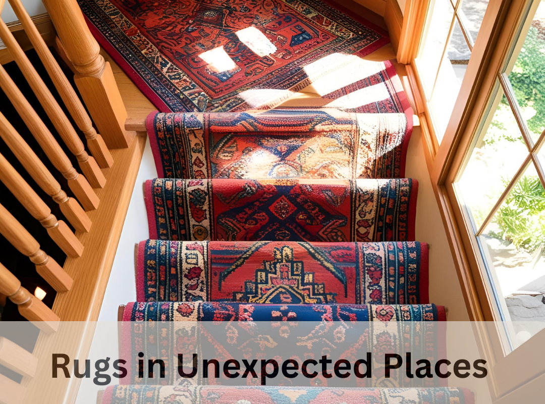 Colorful custom rug placed creatively in a staircase corner nook