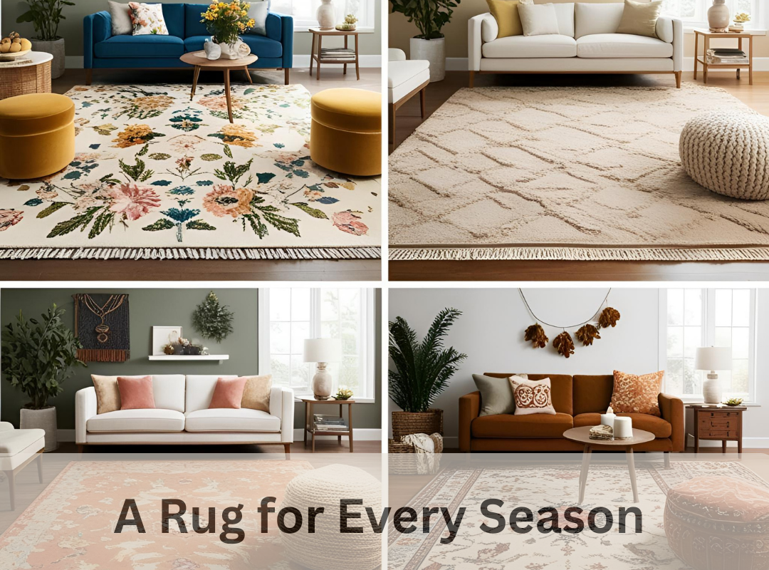 Living room featuring custom rugs in four seasonal styles: spring florals, summer neutrals, fall tones, and a cozy winter pattern