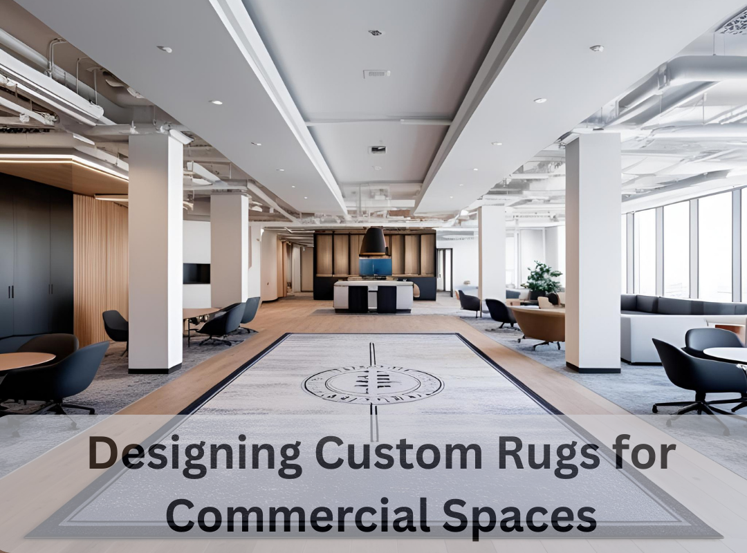 Open-concept commercial space with a large custom rug tying together modern furniture, branding, and warm interior design