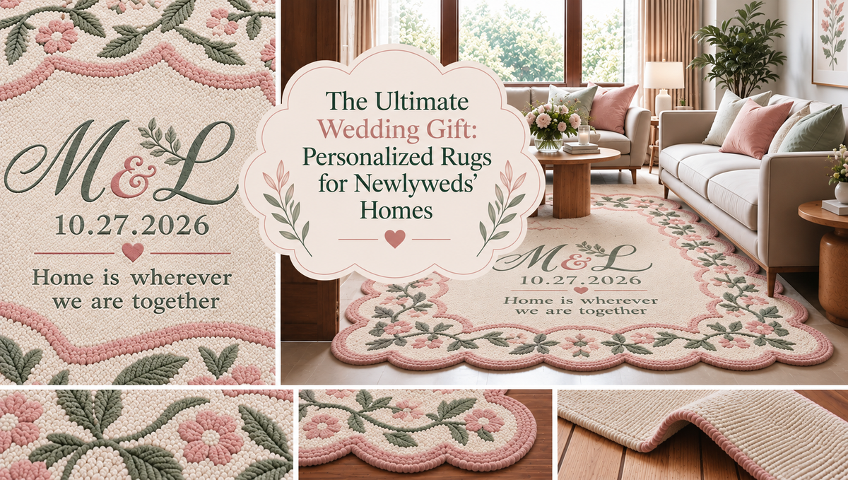 Personalized wedding rug in blush pink, sage green and cream, featuring a monogram, wedding date and floral border in a bright living room.