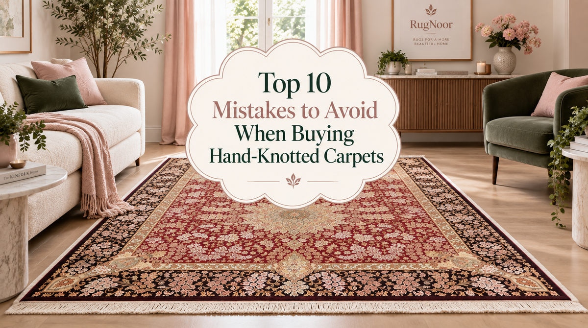 Top 10 mistakes to avoid when buying hand-knotted carpets, featuring a richly patterned red Persian rug in a blush pink and forest green living room.