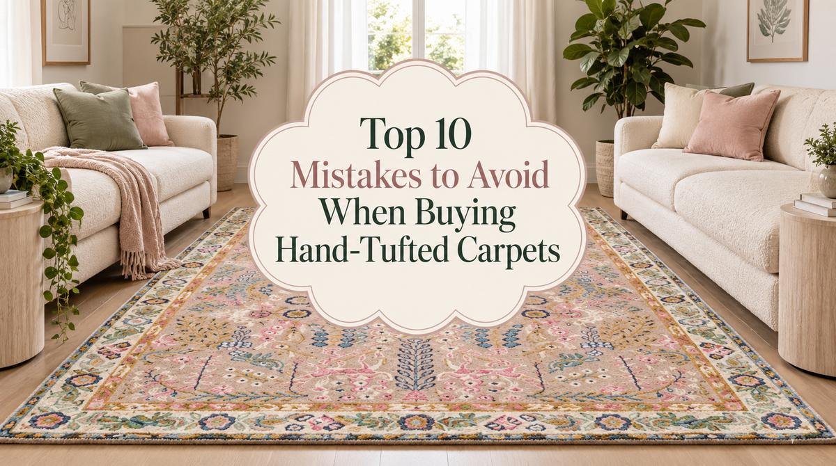 Top 10 mistakes to avoid when buying hand-tufted carpets, shown over a floral hand-tufted rug in a bright living room.