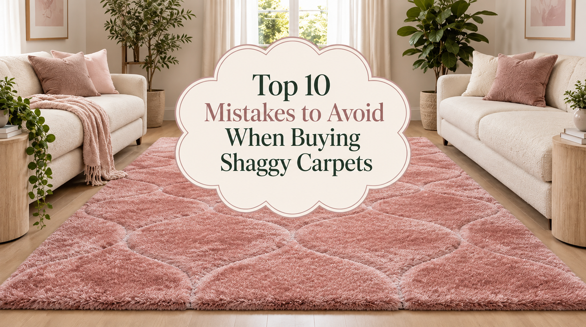 Top 10 mistakes to avoid when buying shaggy carpets, featuring a plush pink shaggy rug in a bright, cozy living room.