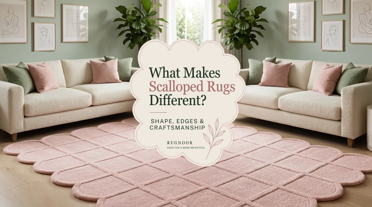 Scalloped pink checkerboard rug in a bright living room, highlighting its distinctive curved edge and physical silhouette.
