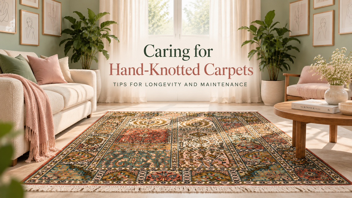 Sunlit living room featuring a hand-knotted patterned carpet with centered text reading Caring for Hand-Knotted Carpets: Tips for Longevity and Maintenance
