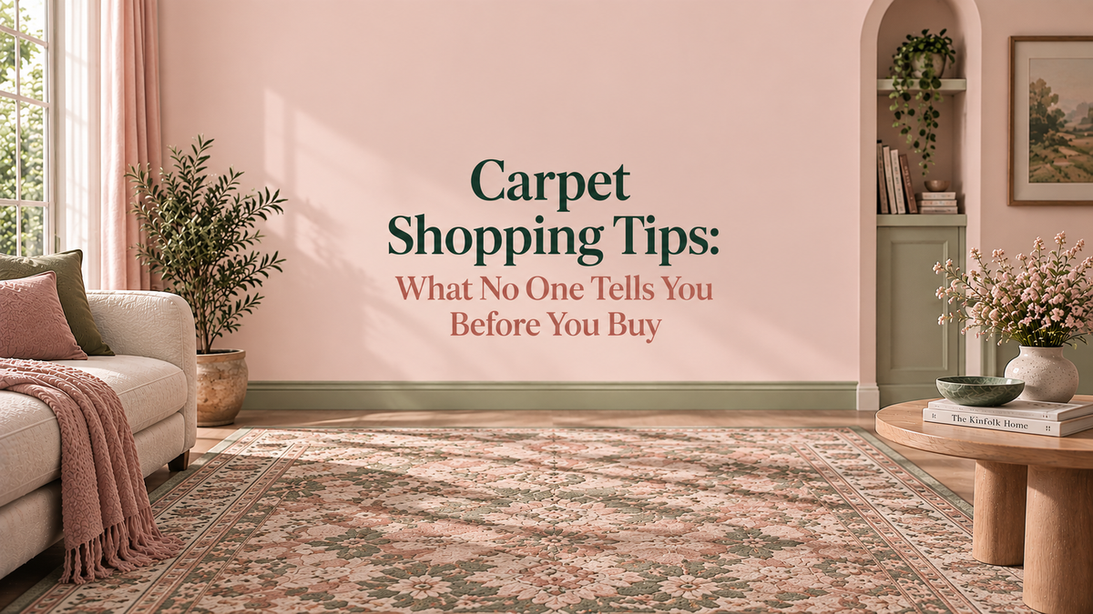 Blush pink and sage green living room with a floral carpet and centered text reading Carpet Shopping Tips: What No One Tells You Before You Buy