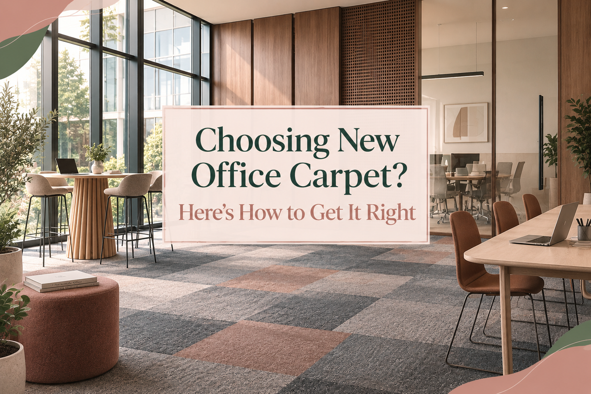 Modern office with geometric carpet, glass meeting rooms and wood interiors with centered text reading Choosing New Office Carpet? Here’s How to Get It Right