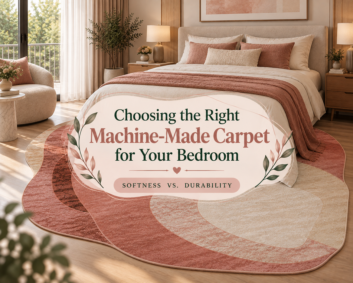 Machine-made carpet in blush pink and beige placed beneath a bed in a cozy modern bedroom