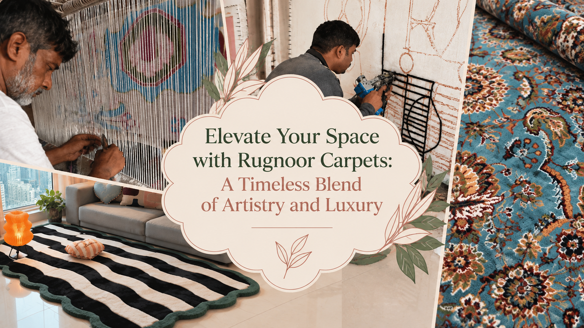 RugNoor blog thumbnail featuring rug artisans at work, a contemporary scalloped rug and a traditional blue floral carpet, with the title Elevate Your Space with RugNoor Carpets: A Timeless Blend of Artistry and Luxury