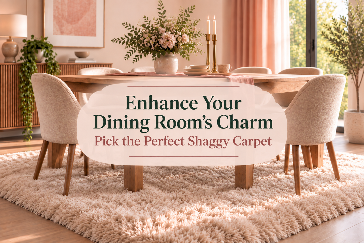 Plush shaggy carpet beneath a wooden dining table in an elegant blush-toned dining room