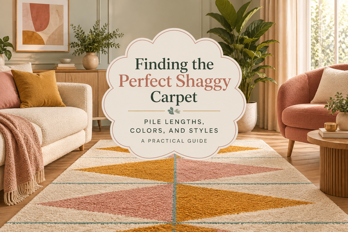 Geometric shaggy carpet in blush pink, mustard, cream and teal styled in a warm modern living room