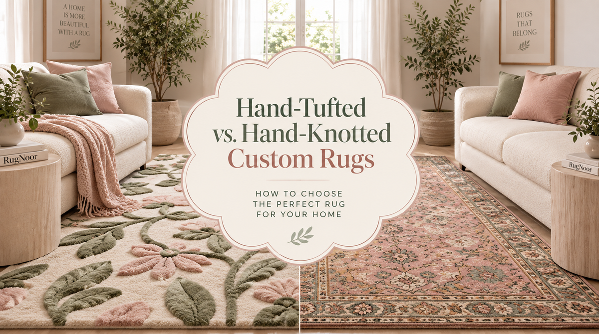 Hand-tufted and hand-knotted custom rugs styled side by side in a soft neutral living room with blush pink and sage green accents