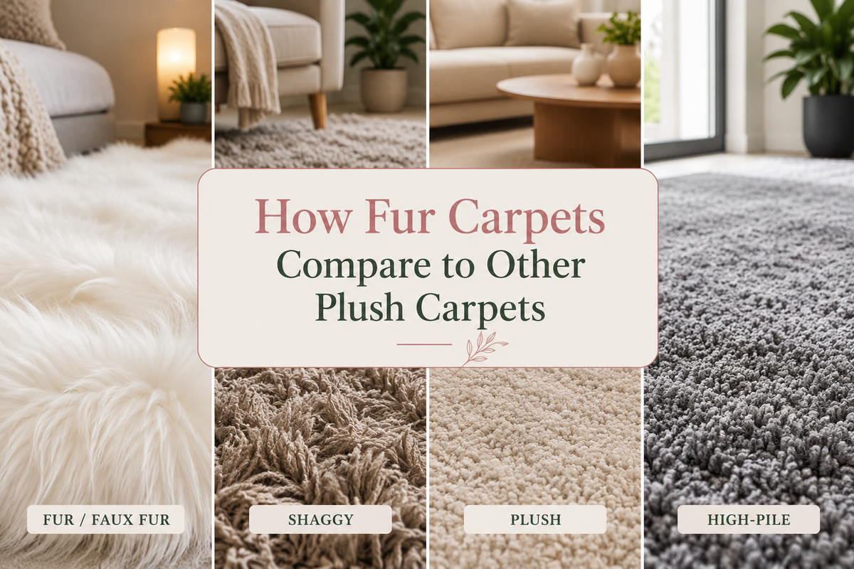 Faux fur, shaggy, plush and high-pile carpet textures shown in a modern interior with centered text reading How Fur Carpets Compare to Other Plush Carpets