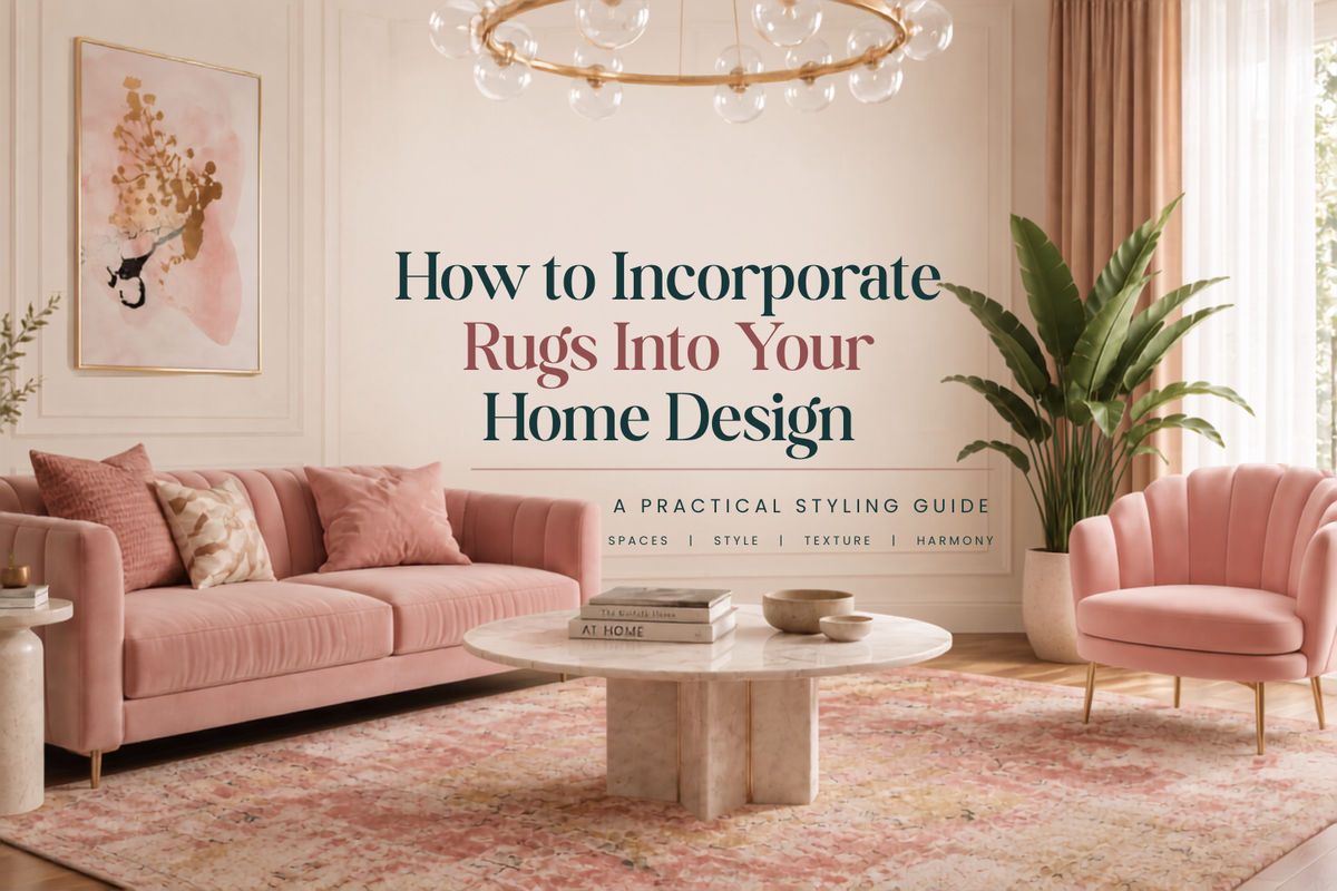 Blush pink living room with a patterned area rug anchoring the sofa, coffee table and armchair