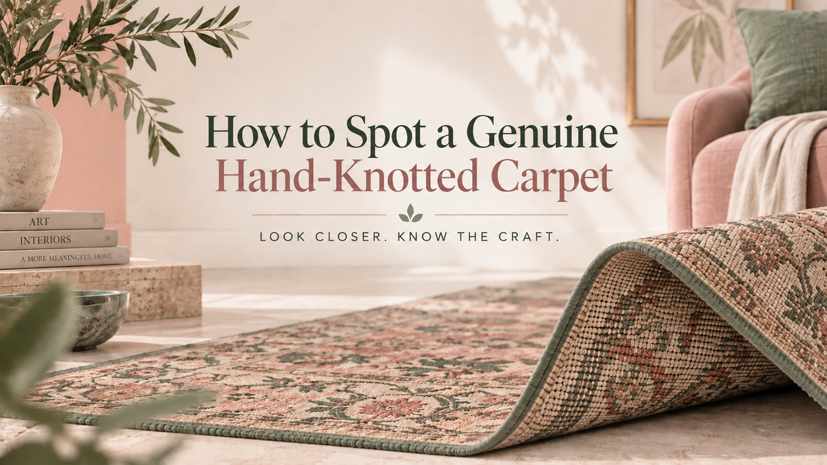 Hand-knotted carpet with a lifted corner showing the woven reverse and fringe in a neutral RugNoor interior