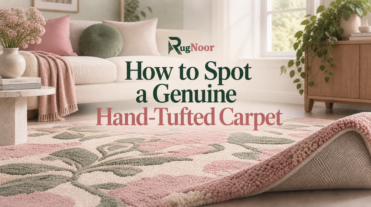 RugNoor blog thumbnail showing a hand-tufted carpet with a lifted corner revealing its backing, titled How to Spot a Genuine Hand-Tufted Carpet