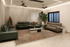 Modern contemporary living room styled with a Persian heritage rug featuring intricate patchwork motifs in warm terracotta, ivory, and muted blue tones.