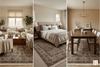 Persian heritage rug styled across three rooms — living room, bedroom, and dining room in one cover triptych