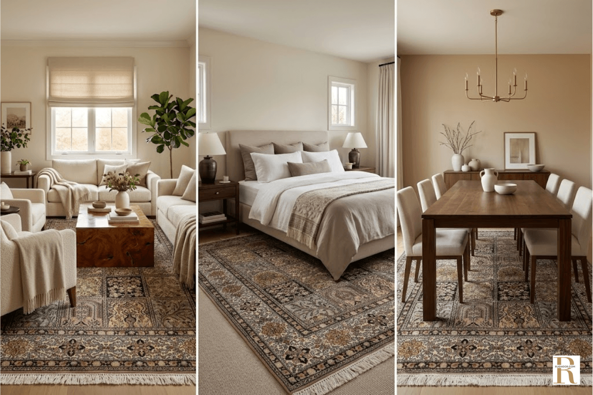 Persian heritage rug styled across three rooms — living room, bedroom, and dining room in one cover triptych