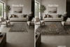 Persian rug size comparison — wrong size rug floating in living room vs correctly sized rug grounding furniture