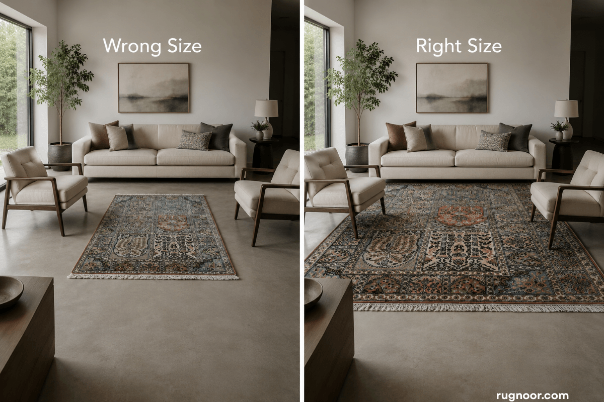 Persian rug size comparison — wrong size rug floating in living room vs correctly sized rug grounding furniture