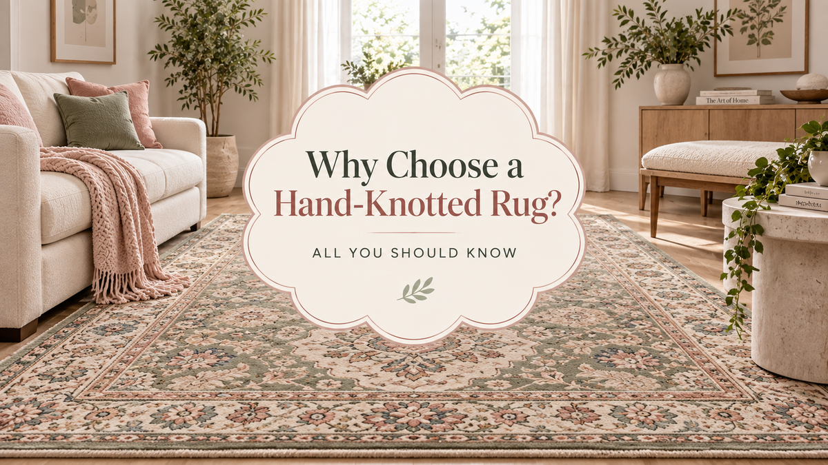 Hand-knotted rug styled in a bright neutral living room with blush pink and sage green accents