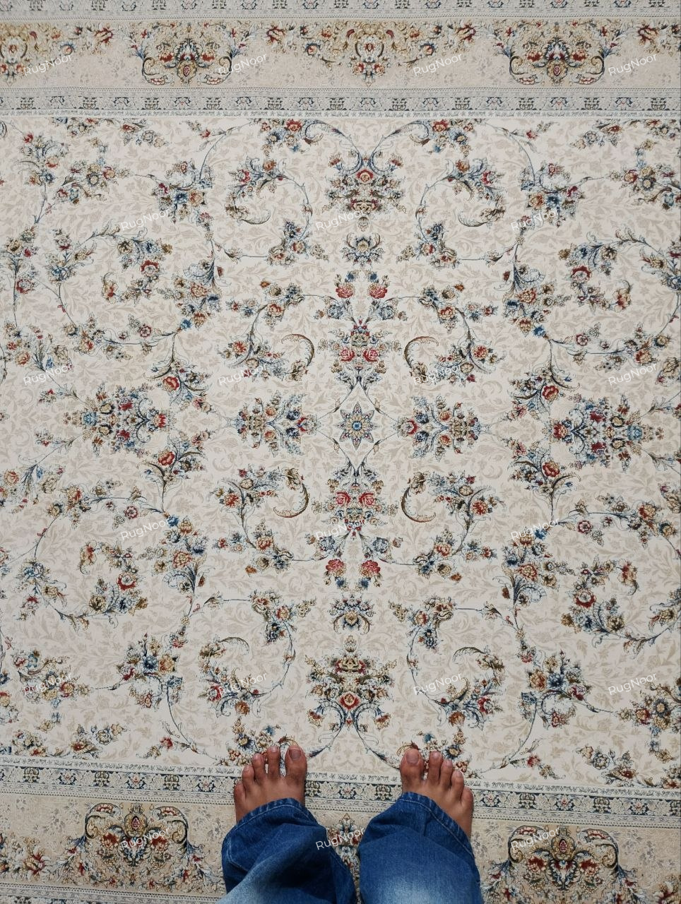 Close-up of Mehravi's ivory carpet field showing delicate beige floral scrollwork, small dusty-blue flowers, and muted rust, red and gold details.