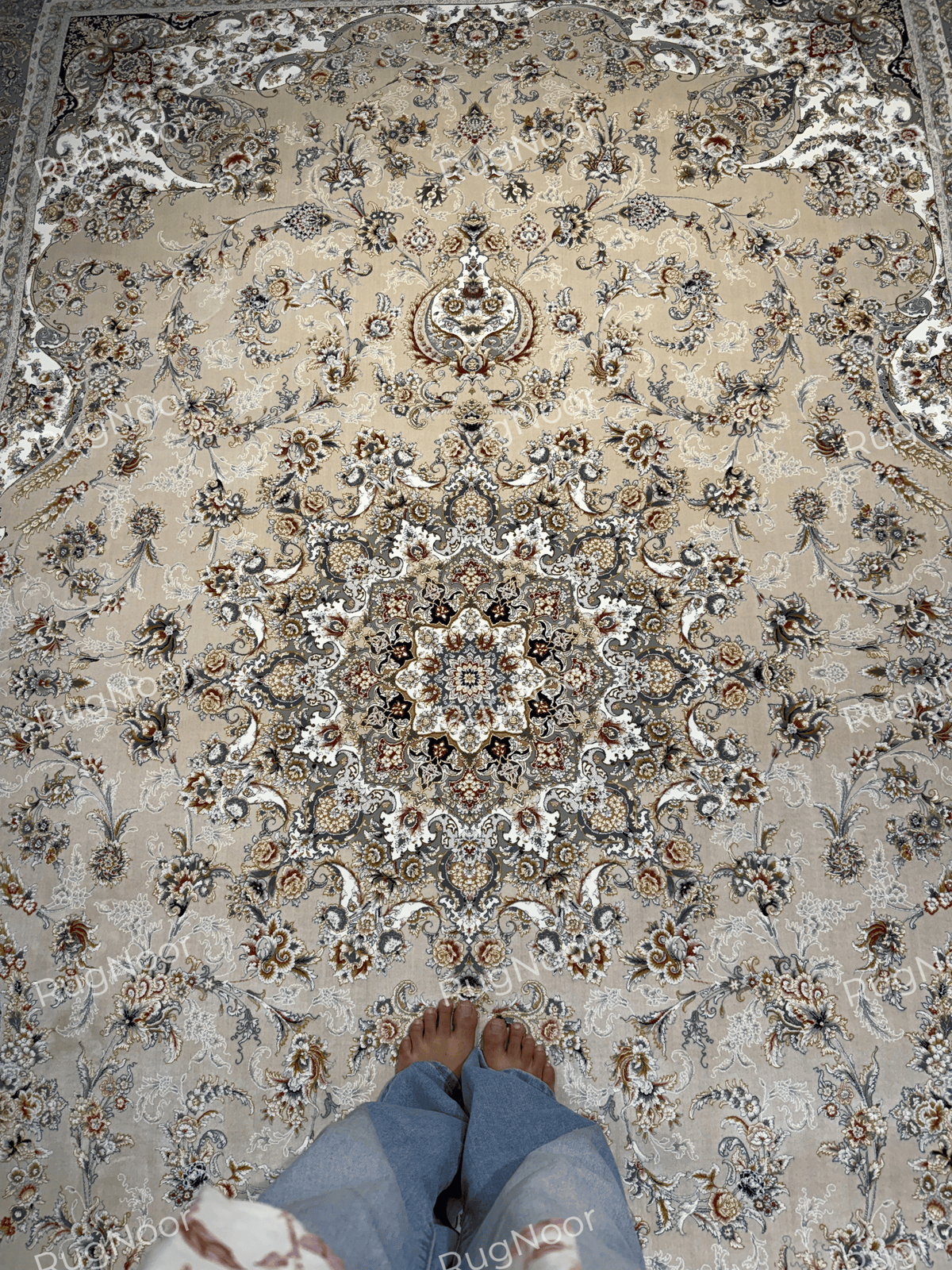 Overhead view of Urkeed's beige field, central floral medallion and all-over botanical motifs, RugNoor.