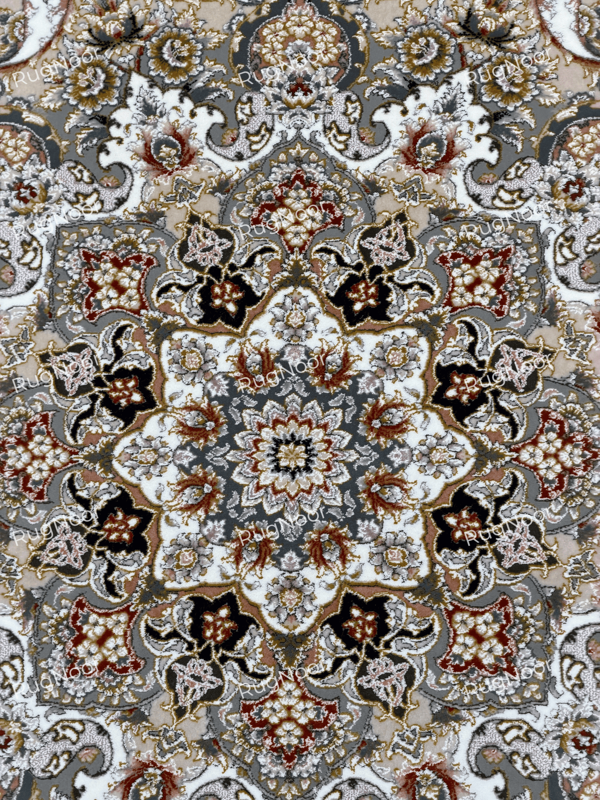 Close-up of Urkeed's ornate floral medallion with ivory, grey, gold and rust details, RugNoor.